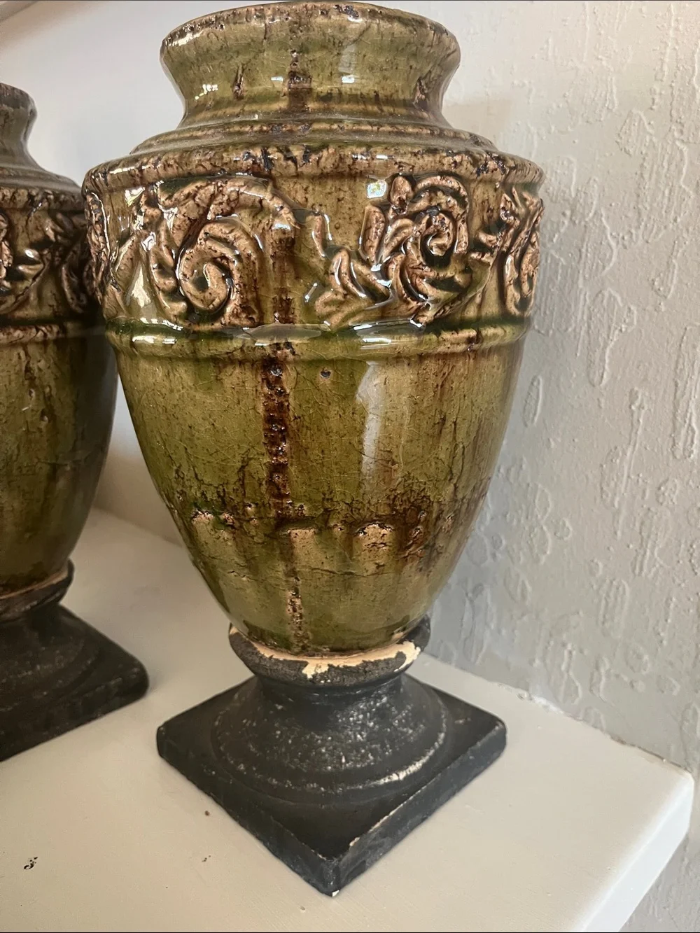 Decorative Olive Green Ceramic Urn Vase with Black Base